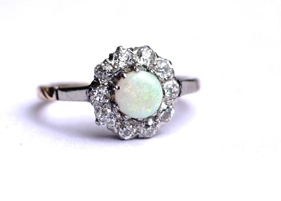 OPAL AND DIAMOND CLUSTER ENGAGEMENT RING  VINTAGE