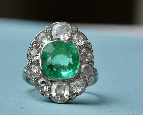 GORGEOUS ANTIQUE EMERALD AND DIAMOND RING