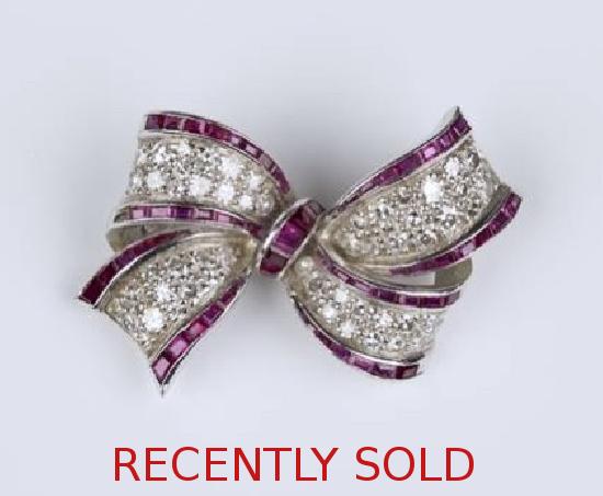 ART DECO RUBY AND DIAMOND RIBBON BOW BROOCH