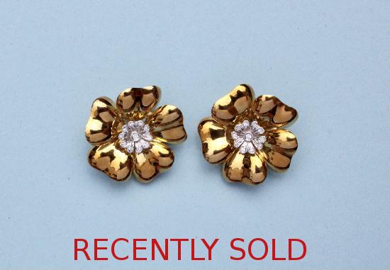 DIAMOND AND GOLD FLOWER EARRINGS VINTAGE 