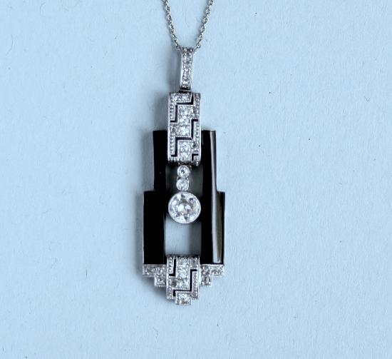 STYLISH ART DECO ONYX AND DIAMOND PENDANT