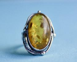 Art Nouveau Large Amber And Silver Ring